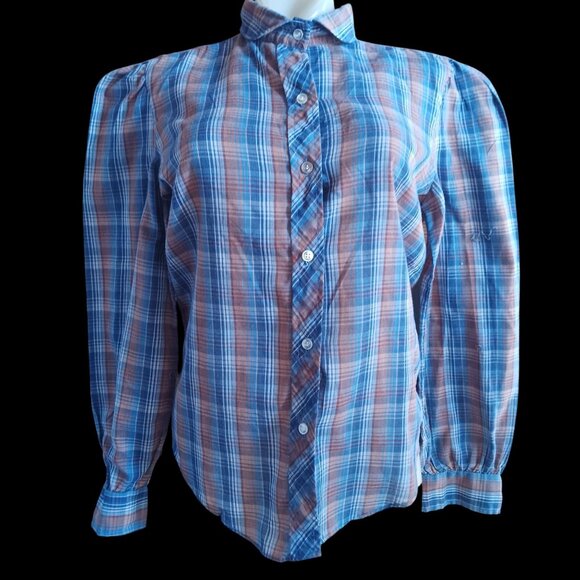 Vintage Women's Medium Boho Blouse 70's Step Up Plaid Puff Sleeve Shirt USA - Picture 3 of 7